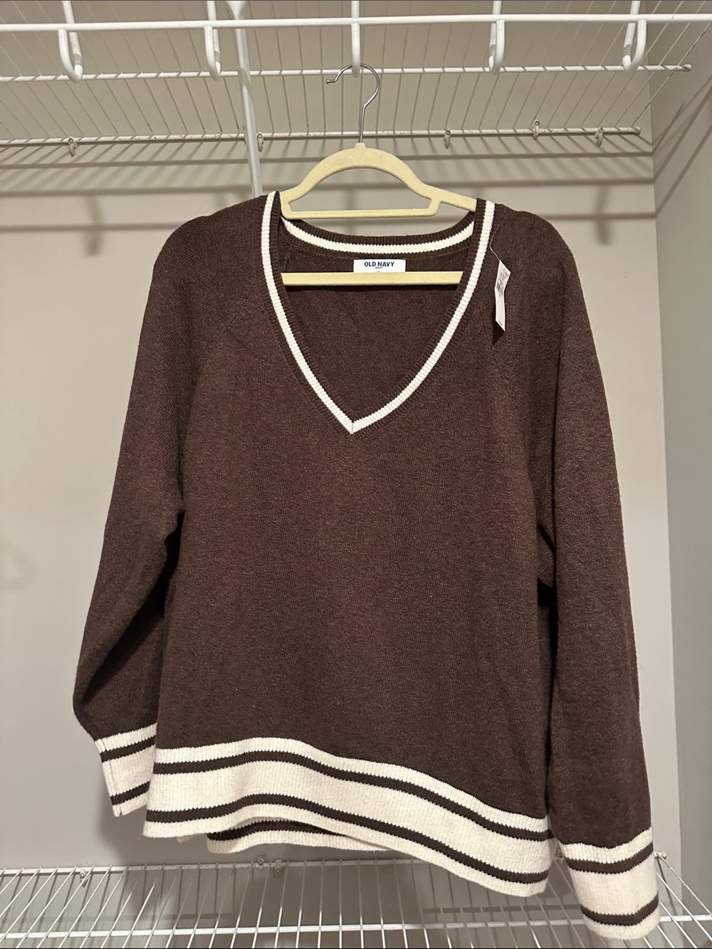Old Navy Brown V-Neck Sweater with Cream Stripe Trim